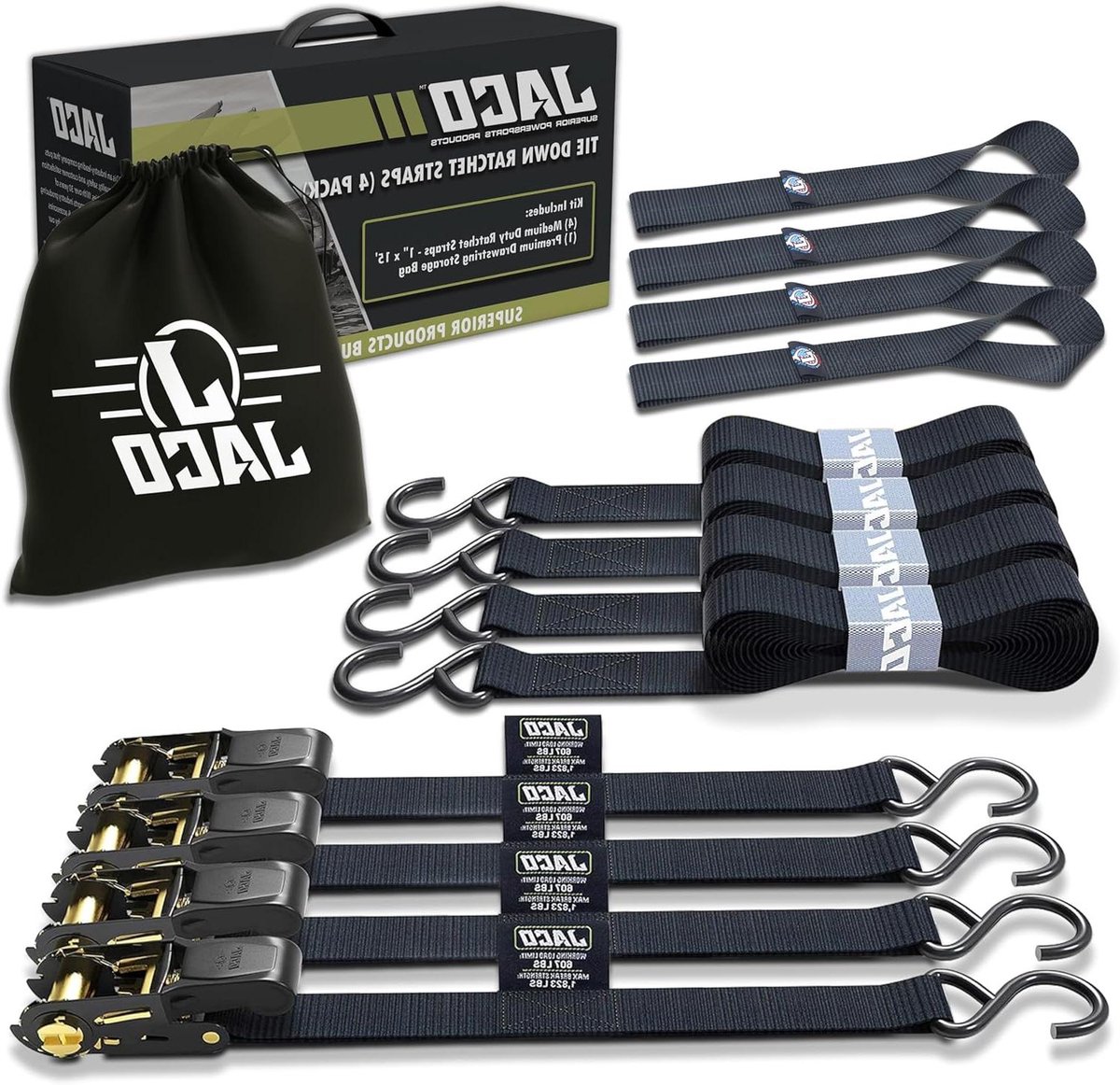 Ratelbanden Set - Spanbanden Vastzetten - Vracht Vervoeren - AR Gecertificeerde Sterkte - 1" x 10ft - Zwart