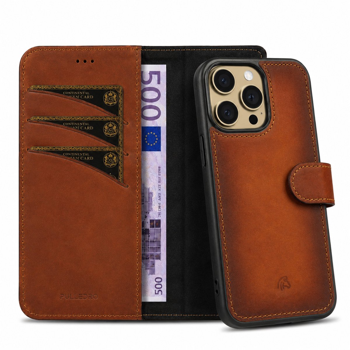 Pulledro geschikt voor iPhone 16 Pro Max Uitneembaar leren Magsafe BookCase Hoesje - Burned Cognac