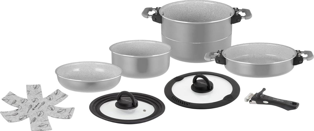 Kookset Camping - Kampeerpan Set - Compact Koken - Magnetisch Grip Systeem - 7 Delig - Grijs