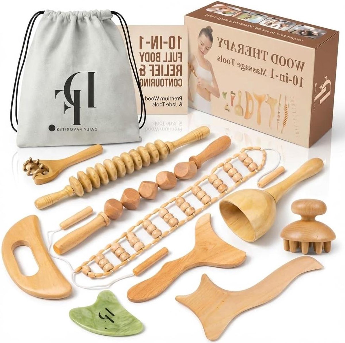 Houttherapie Massage Set - Lymfedrainage Stimulator - Lichaamsbeeldhouwen - 10 Unieke Houten Tools - 23x8x8 cm - Natuurlijk Hout