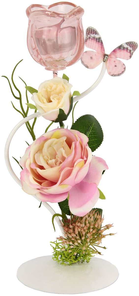 Theelichthouder op metaal met glas en theelichtkaars met bloemen en vlinders, kaarsenstandaard, tafeldecoratie, theelichtglas, windlicht, romantische decoratie, decoratief object, bruiloftsdecoratie