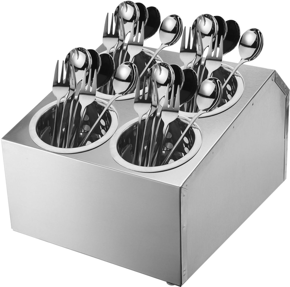 QUARKZMAN Commerciële keukengereihouder, keukengereihouder van roestvrij staal, cilindrisch, bestekhouder, voor het drogen op het werkblad, bestekorganizer voor restaurants, buffetten (dubbele rij, 4