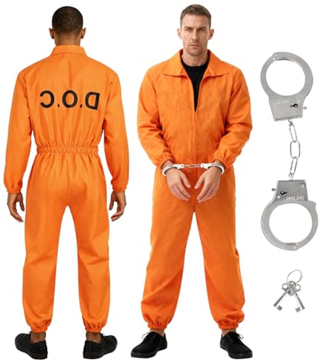 Mineup Gevangeniskostuum oranje, gevangeniskostuum voor heren, klassieke prisoner-overall met handboeien, gevangenenkostuum, carnaval, cosplay, Halloween, kostuum voor volwassenen (165-180 cm)