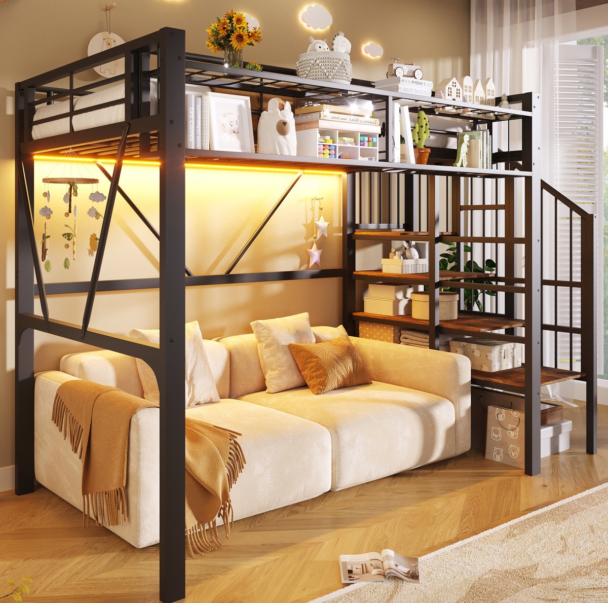 MIVRAY Hoogslaper 90x200 cm Zonder Matras - Met LED-Verlichting, Traprek en Open Opbergruimte - Metaal en MDF - Zwart
