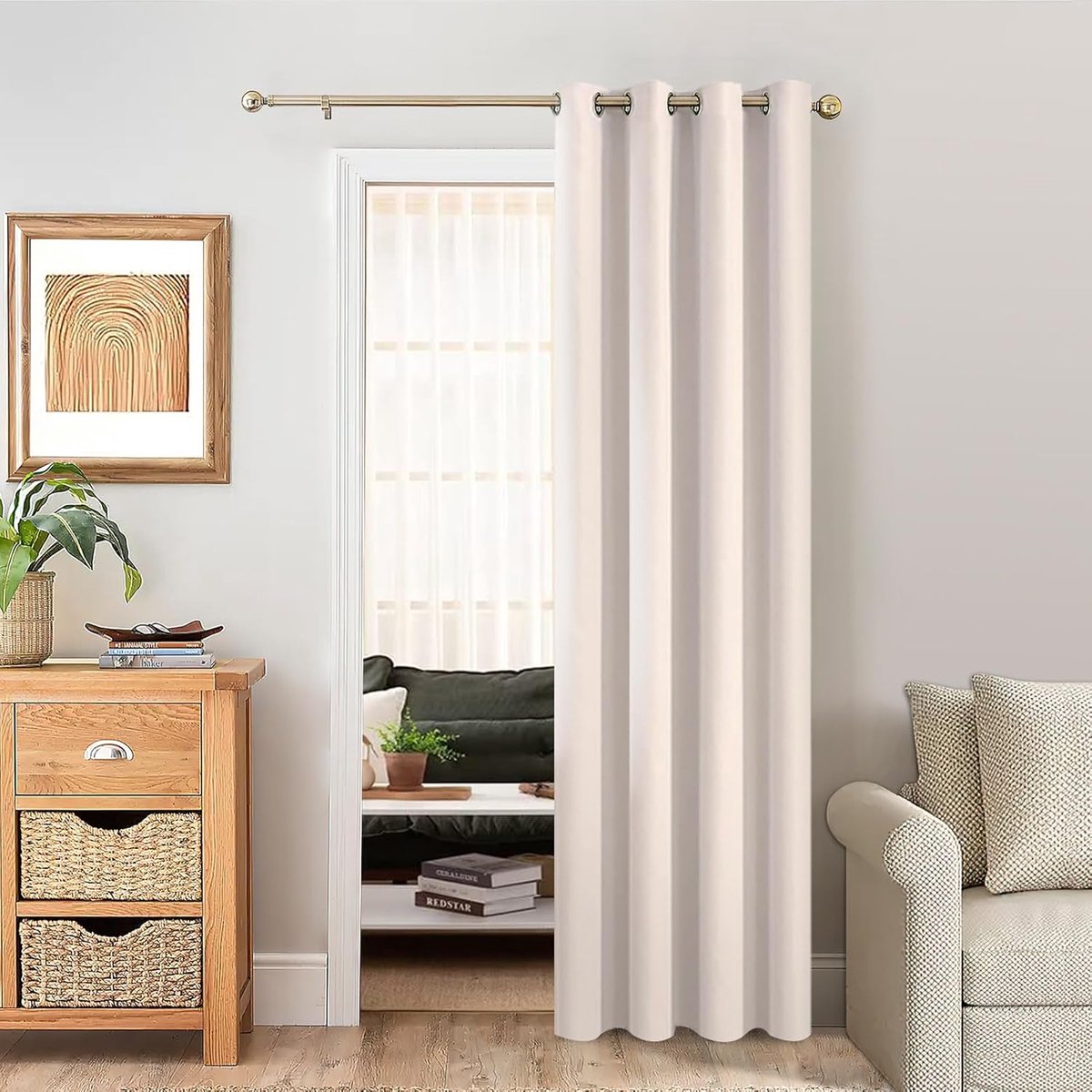 Verduisteringsgordijnen, beige, warmte-isolerend, voor binnendeur, kleedkamer en eetkamer, 132 x 210 cm, 1 stuk, ondoorzichtig, hittebescherming, met ringen