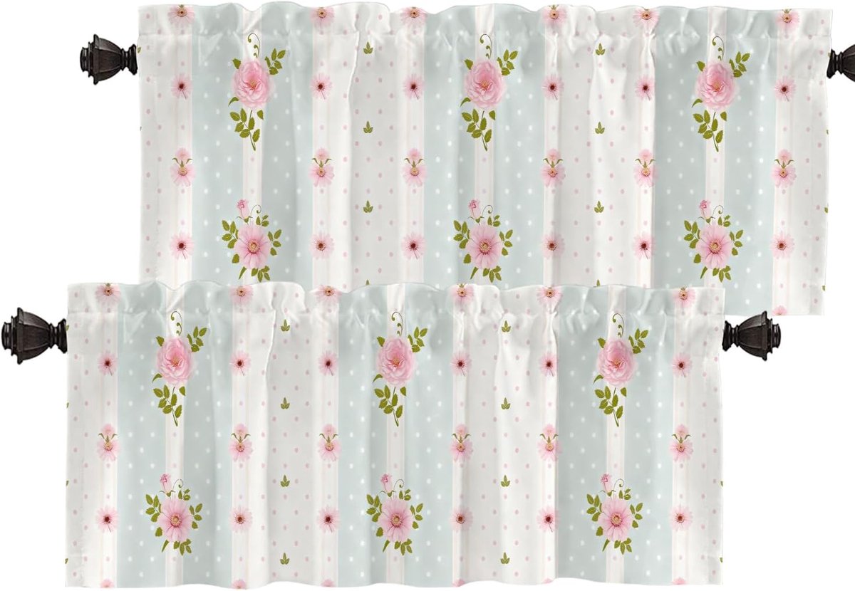 Shabby Chic Roses Valance Gordijnen, Vintage Bloemen Strepen Polka Dot Laces Raambehandeling Keuken Valances Meerlaags Polyester Verduistering voor Woonkamer/Badkamer, 2 Pack 132 x 40 cm