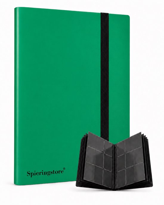 Groene verzamelmap met elastische band, merk Spieringstore®. Open verzamelmap met 9 vakjes per pagina ernaast.