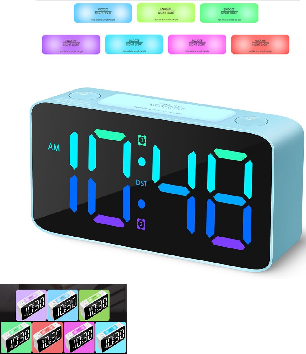 KZQ Digitale wekker met RGB-nachtlampje - Groot scherm en USB-voeding - Voor nachtkastje en bureau - Blauw