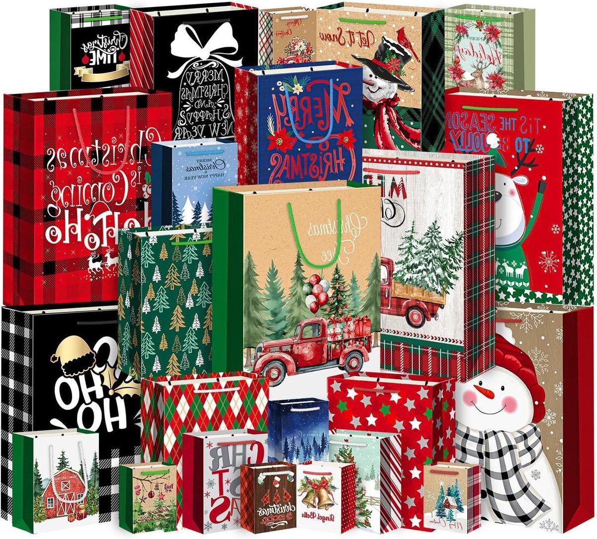 Kerst cadeauzakjes - Papieren geschenkzakken Cadeautasjes - Geschenken inpakken - Milieuvriendelijk papier - 24 stuks - Multicolor