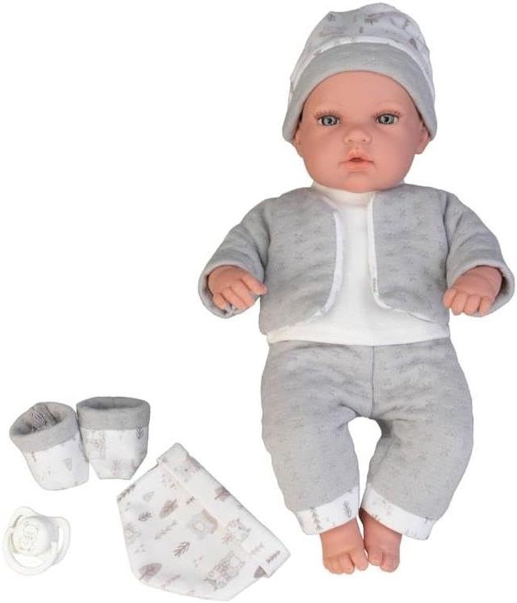 Babypop Stevig Lichaam - Wijnende Pop Realistische Pop - Kind Ontwikkeling - Handgemaakt in Spanje - 33 cm - Grijs