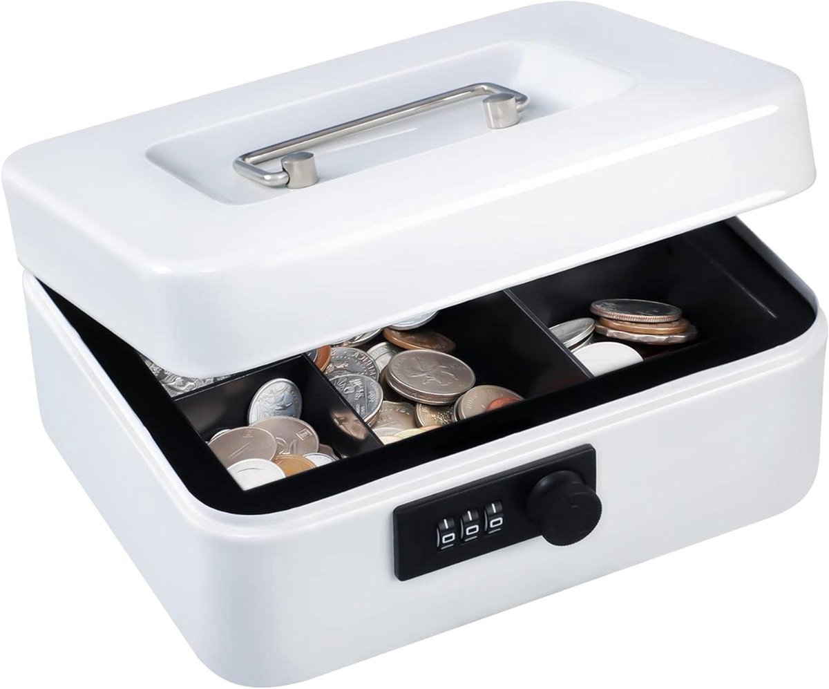 Geldkist met slot - Opbergdoos geldlade - Veilig geld bewaren - Combinatieslot - 20 x 16 x 9 cm - Wit
