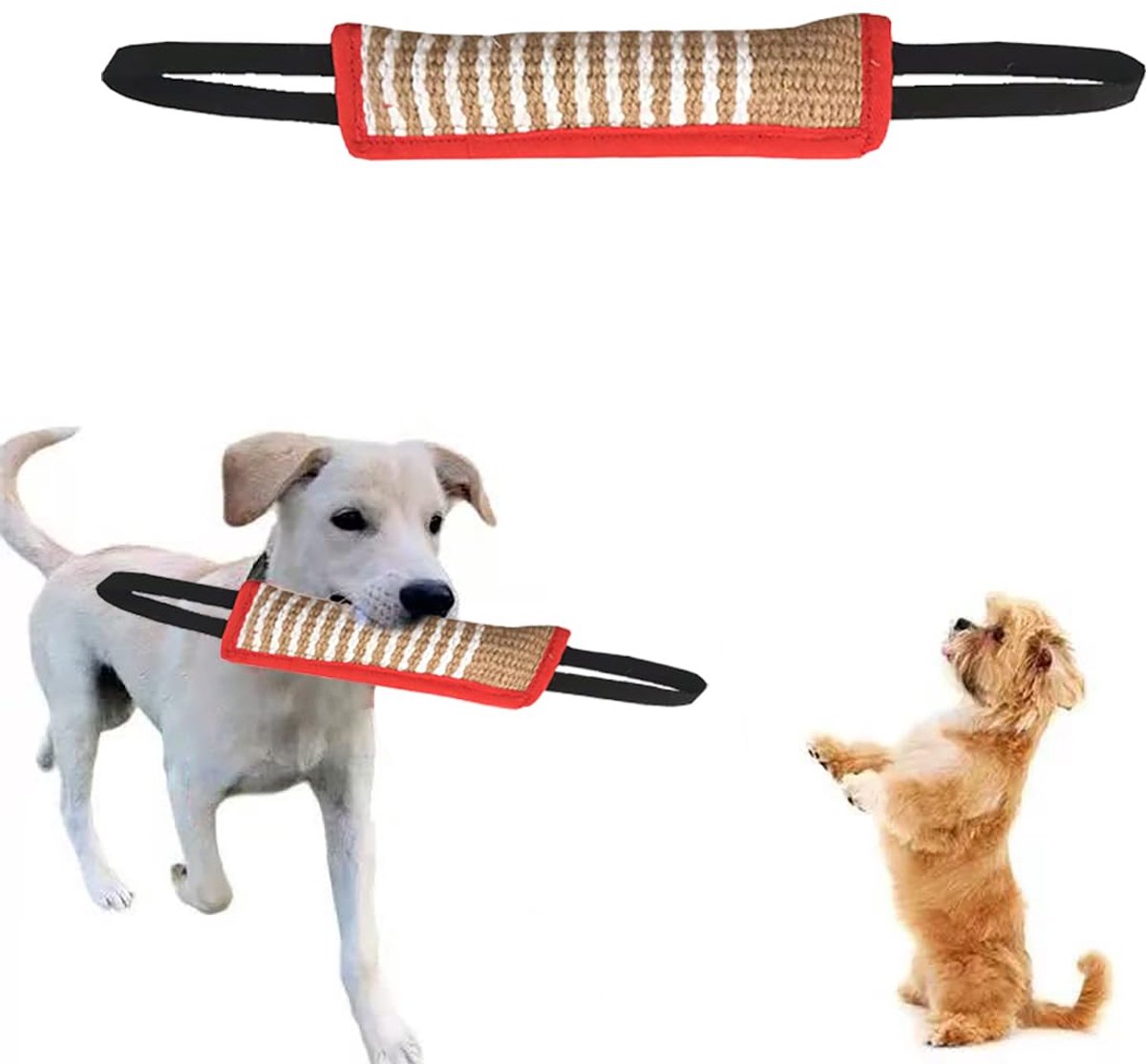 Jute bijtworst voor honden, 30 cm, 2 stuks met handlussen, hondentraining, trekspeelgoed