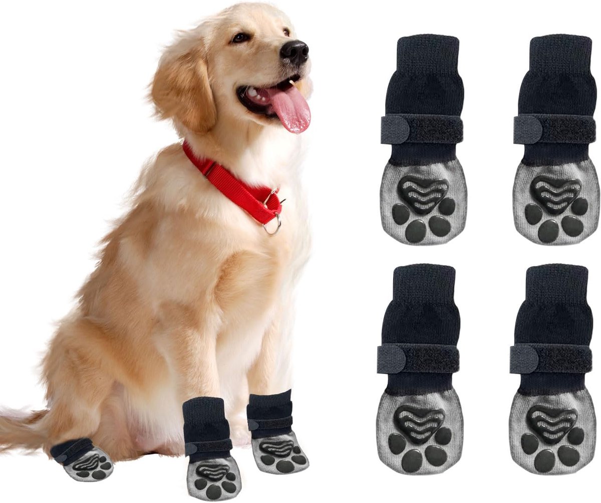 4 stuks hondensokken poten stoppen met likken met handgrepen, huisdierpootbeschermer hondenpootsokken met verstelbare riem voor puppy, hond, binnen, buiten, hardhouten vloer wandelen (L)