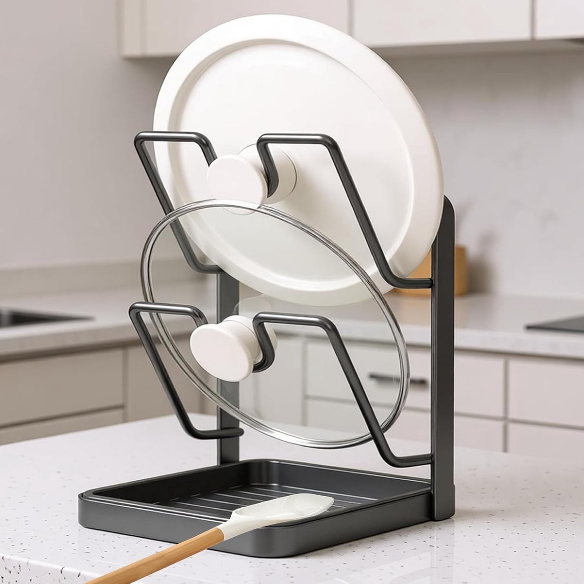 keuken, potdekselorganizer, potdekselhouder met lepelhouder, uitneembare lekbak, kan potdeksels, snijplanken, lepels en eetstokjes bewaren