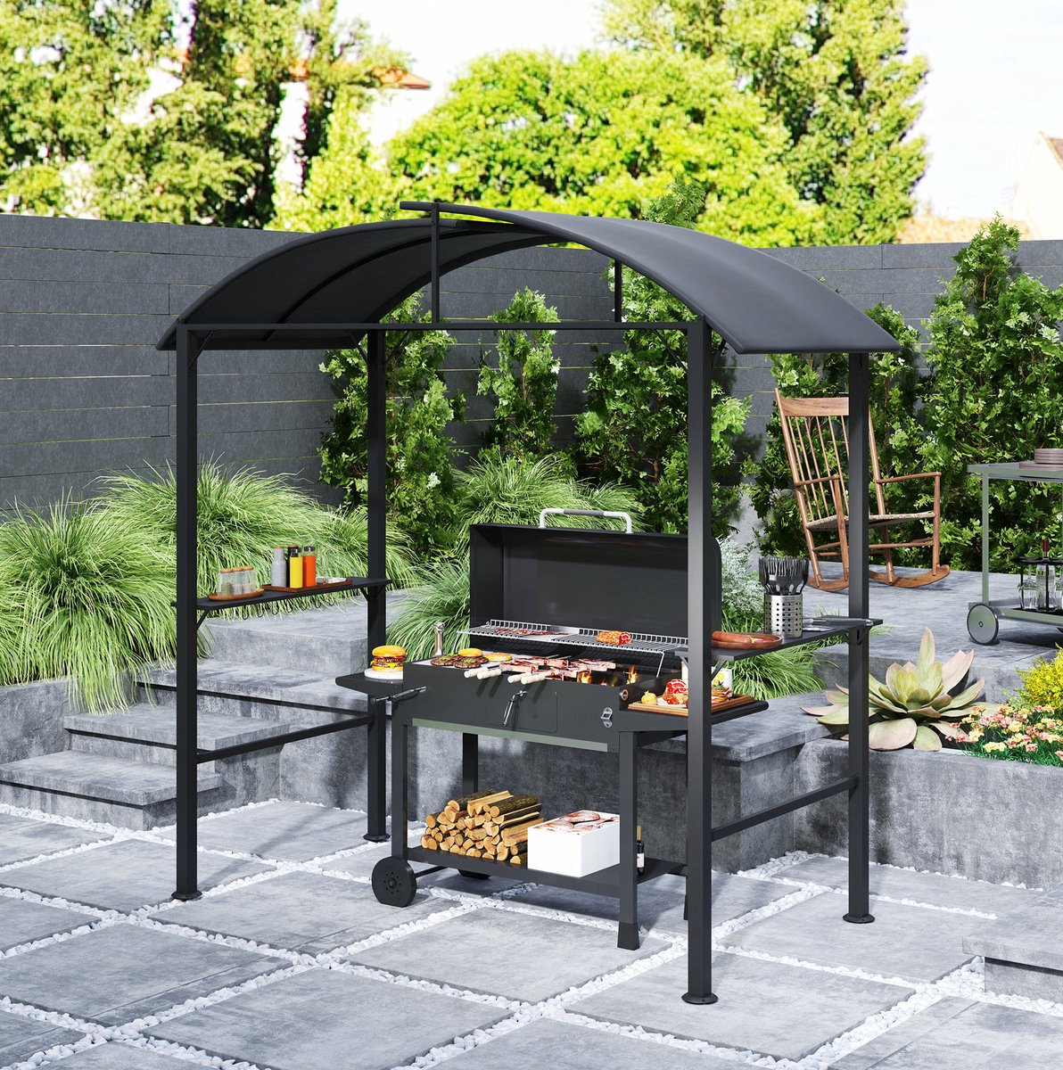 MEUNIQ grillpaviljoen 233 x 110 x 235 cm met dubbeldak, zijplanken en 7 haken, stalen barbecue overkapping voor tuin of terras, donkergrijs