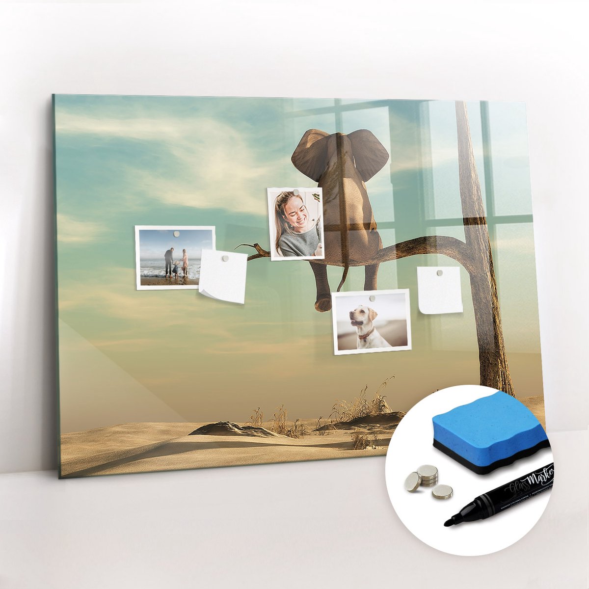 Tulup Whitebord - Olifant in een boom - 100 x 70 cm - Veelkleurig Magneetbord Design - Gratis 5 Sterke Magneten + Whiteboard Marker & Wisser - Decoratief Magnetisch Bord - Magnetic Board - Productiviteit Tools