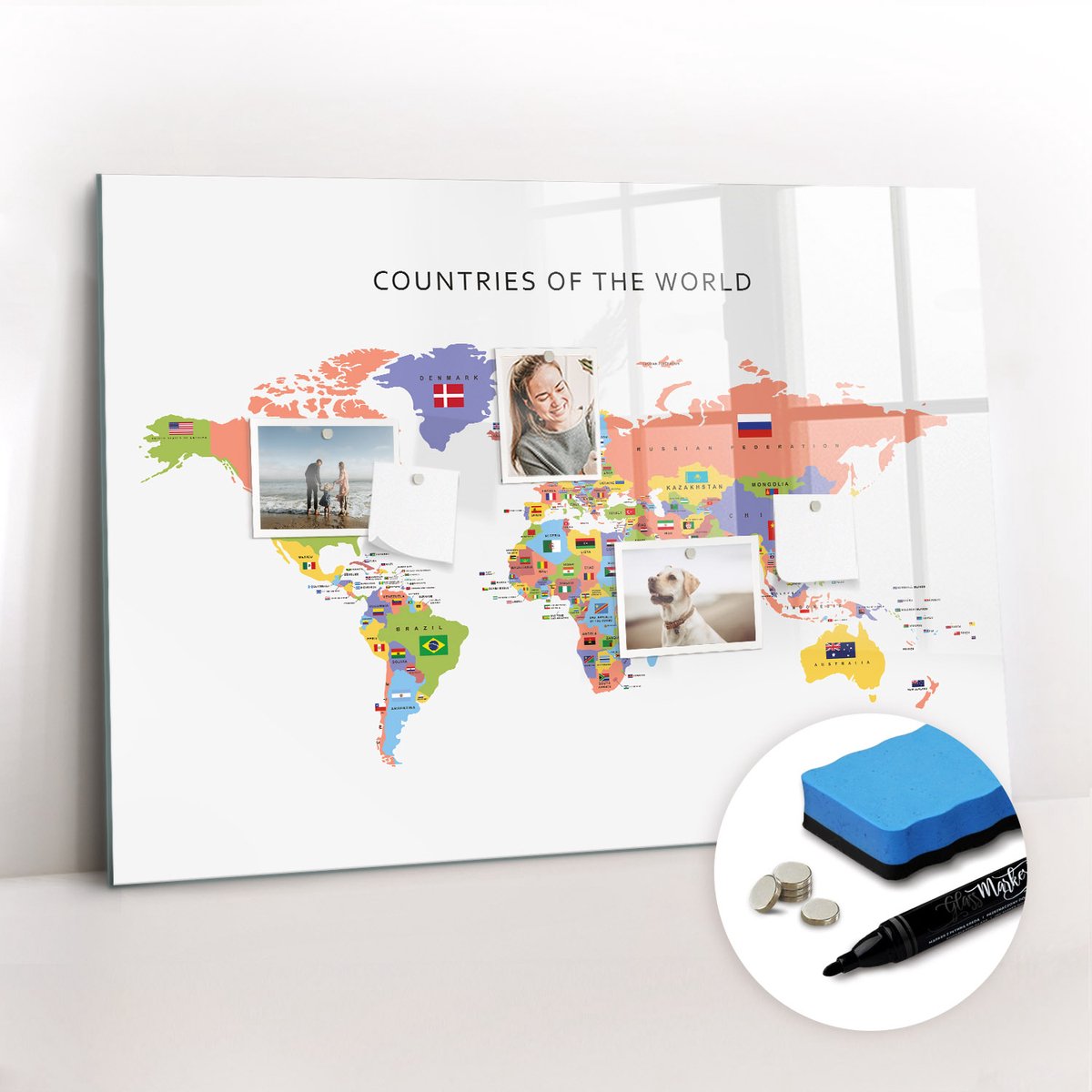 Tulup Whitebord - Kaart van nationale vlaggen - 100 x 70 cm - Veelkleurig Magneetbord Muur - Gratis 5 Sterke Magneten + Whiteboard Marker & Wisser - Wanddecoratie Kantoor - Memobord Magnetisch - Inspiratiebord Kantoor
