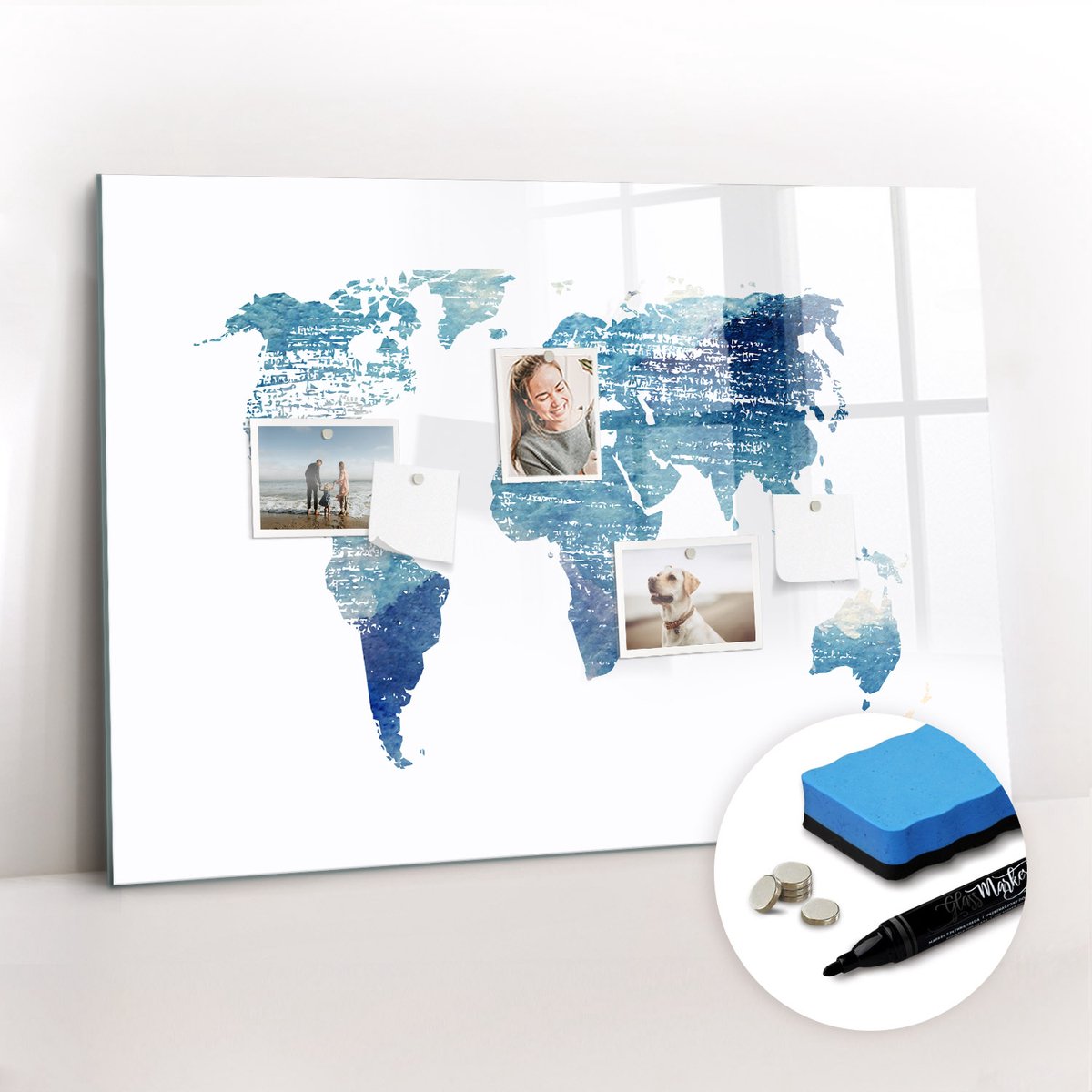 Tulup Whitebord - Moderne wereldkaart - 100 x 70 cm - Blauw Magneetbord Keuken - Gratis 5 Sterke Magneten + Whiteboard Marker & Wisser - Design Memobord - Memo Bord - Ideeënbord Thuiswerkplek