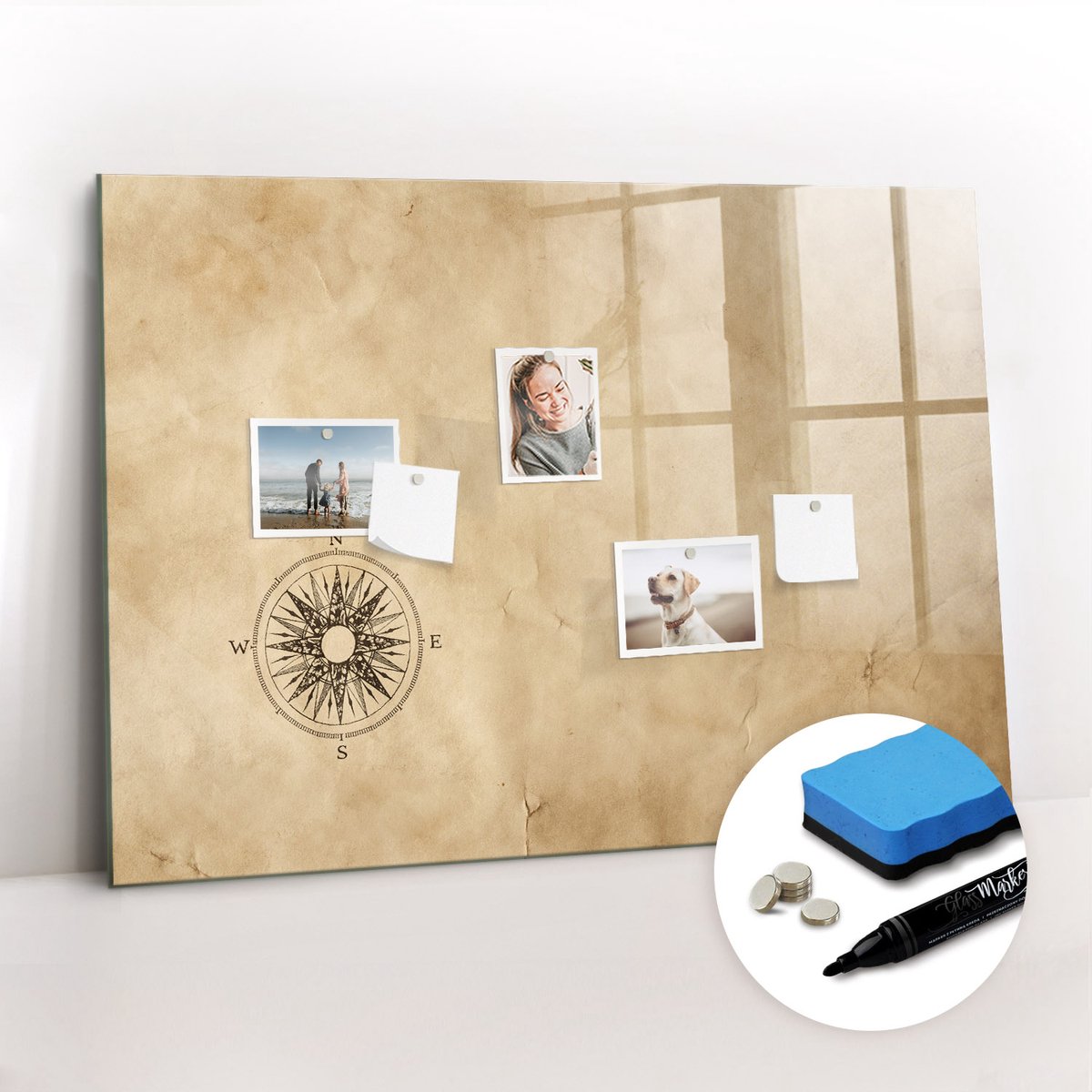 Tulup Whitebord - Canvas kompas - 100 x 70 cm - Bruin Magneetbord Rechthoekig - Inclusief Gratis Magneten & Marker & Spons - Design Memobord - Magnetisch Wandbord - Inspiratiebord Kantoor