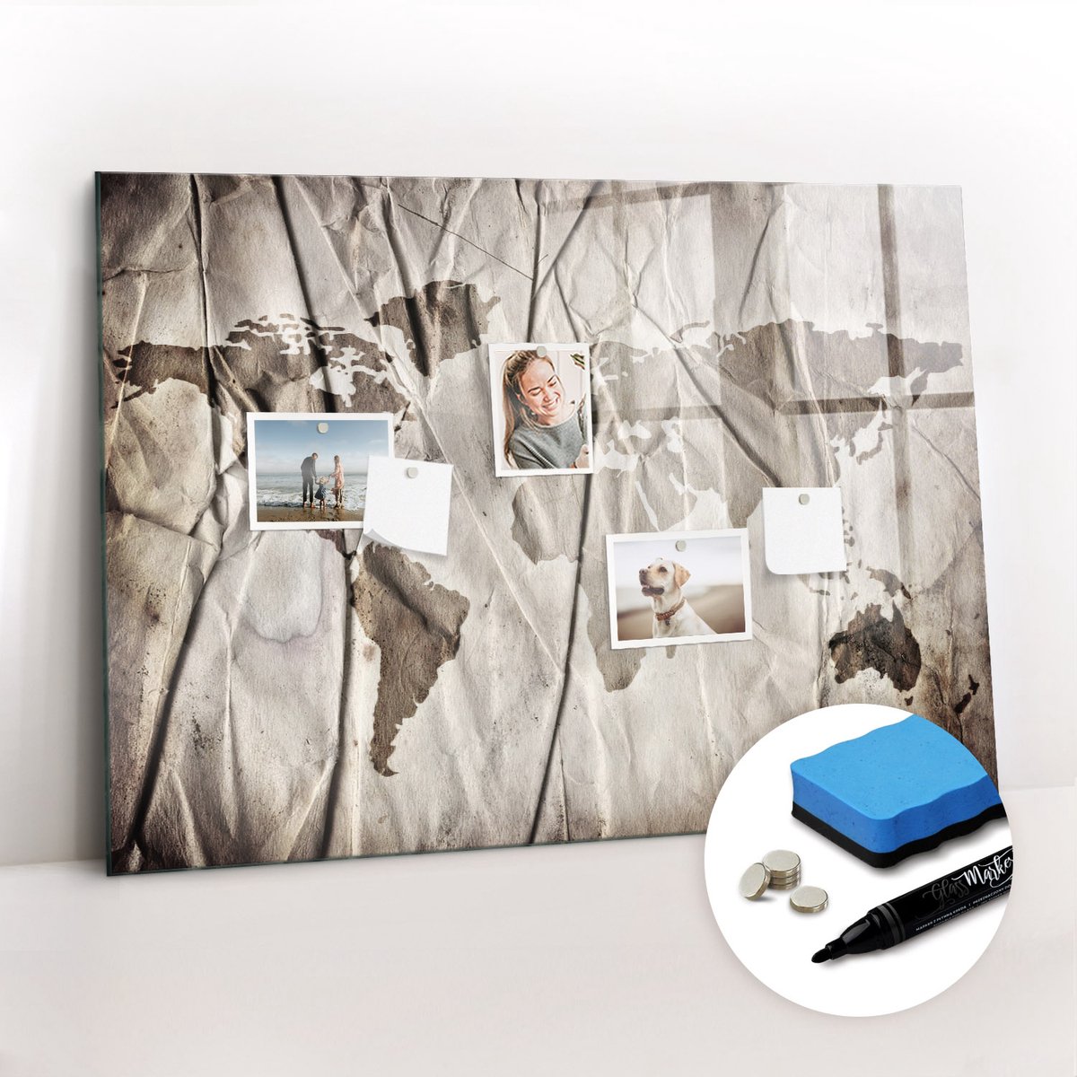 Tulup Whitebord - Wereldkaartpatroon - 100 x 70 cm - Grijs Memobord Keuken - Inclusief Gratis Magneten & Marker & Spons - Industrieel Wandbord - Magneetbord Keuken - Inspiratiebord Kantoor