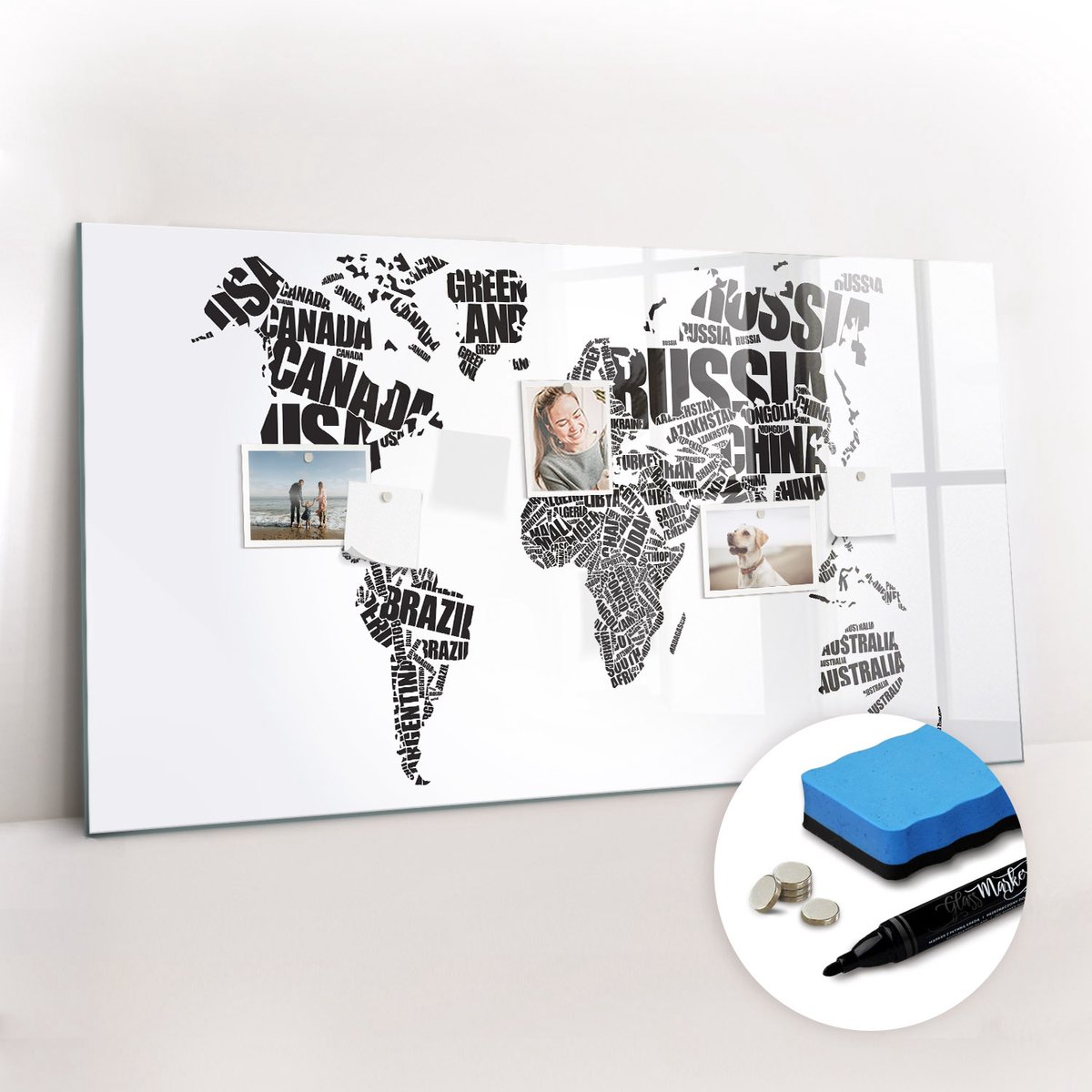 Tulup Whitebord - Wereldkaart met ondertitels - 120 x 60 cm - Zwart-wit Magneetbord Keuken - Gratis 5 Sterke Magneten + Whiteboard Marker & Wisser - Moderne Wanddecoratie - Magnet Board - Notitiebord Werkplek
