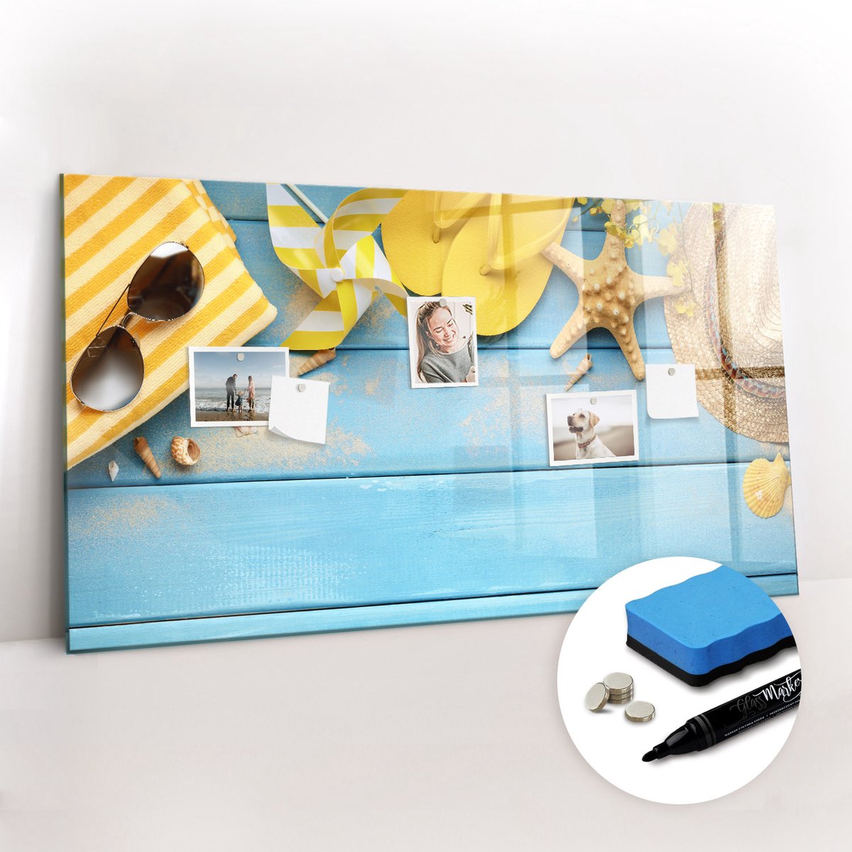Tulup Whitebord - Vakantie strandaccessoires - 120 x 60 cm - Veelkleurig Magnet Board - Gratis 5 Sterke Magneten + Whiteboard Marker & Wisser - Scandinavisch Design Bord - Memobord Glas - Notitiebord Werkplek