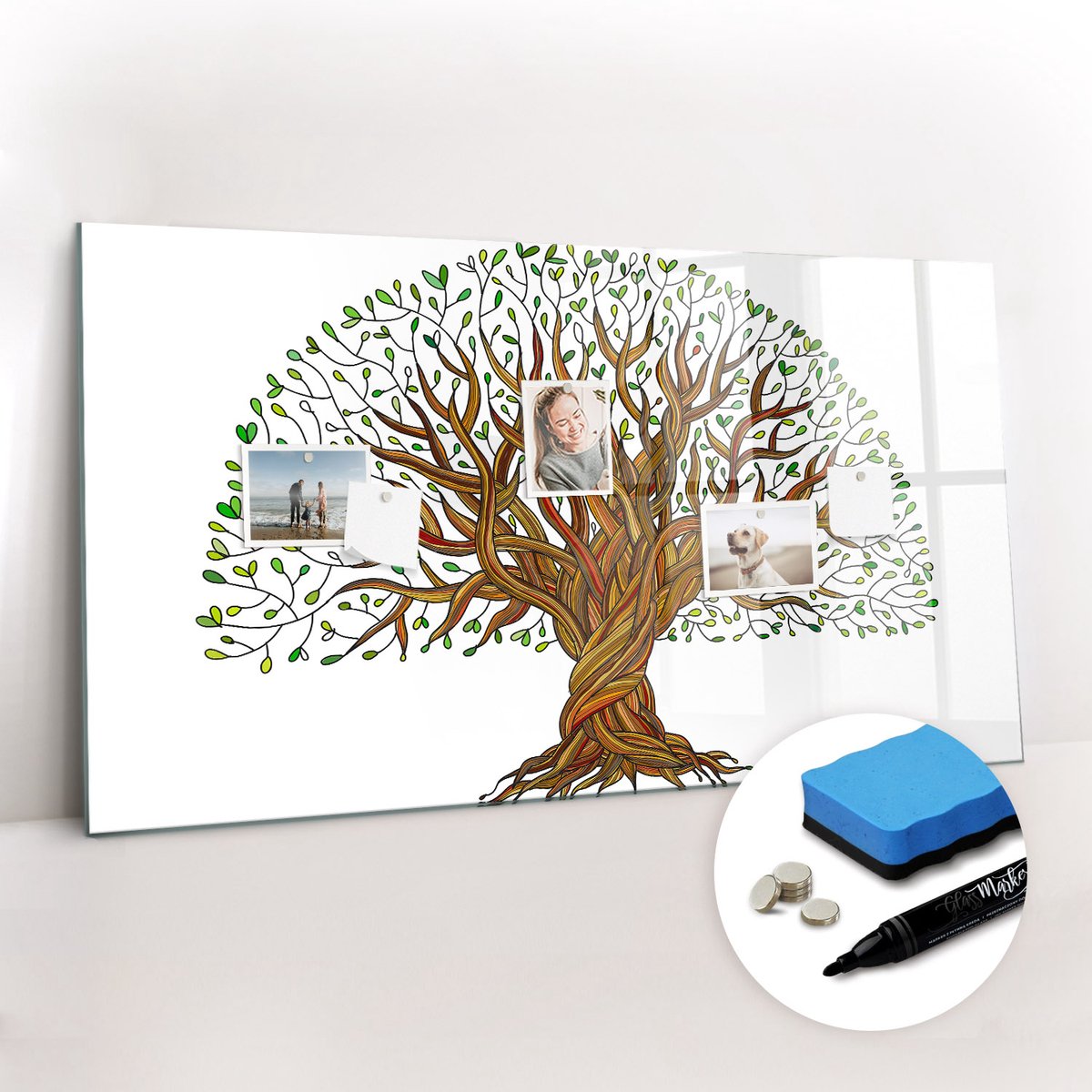 Tulup Whitebord - Boomwortels - 120 x 60 cm - Bruin Memobord Glas - Gratis 5 Sterke Magneten + Whiteboard Marker & Wisser - Design Memobord - Magnetisch Wandbord - Inspiratiebord Kantoor
