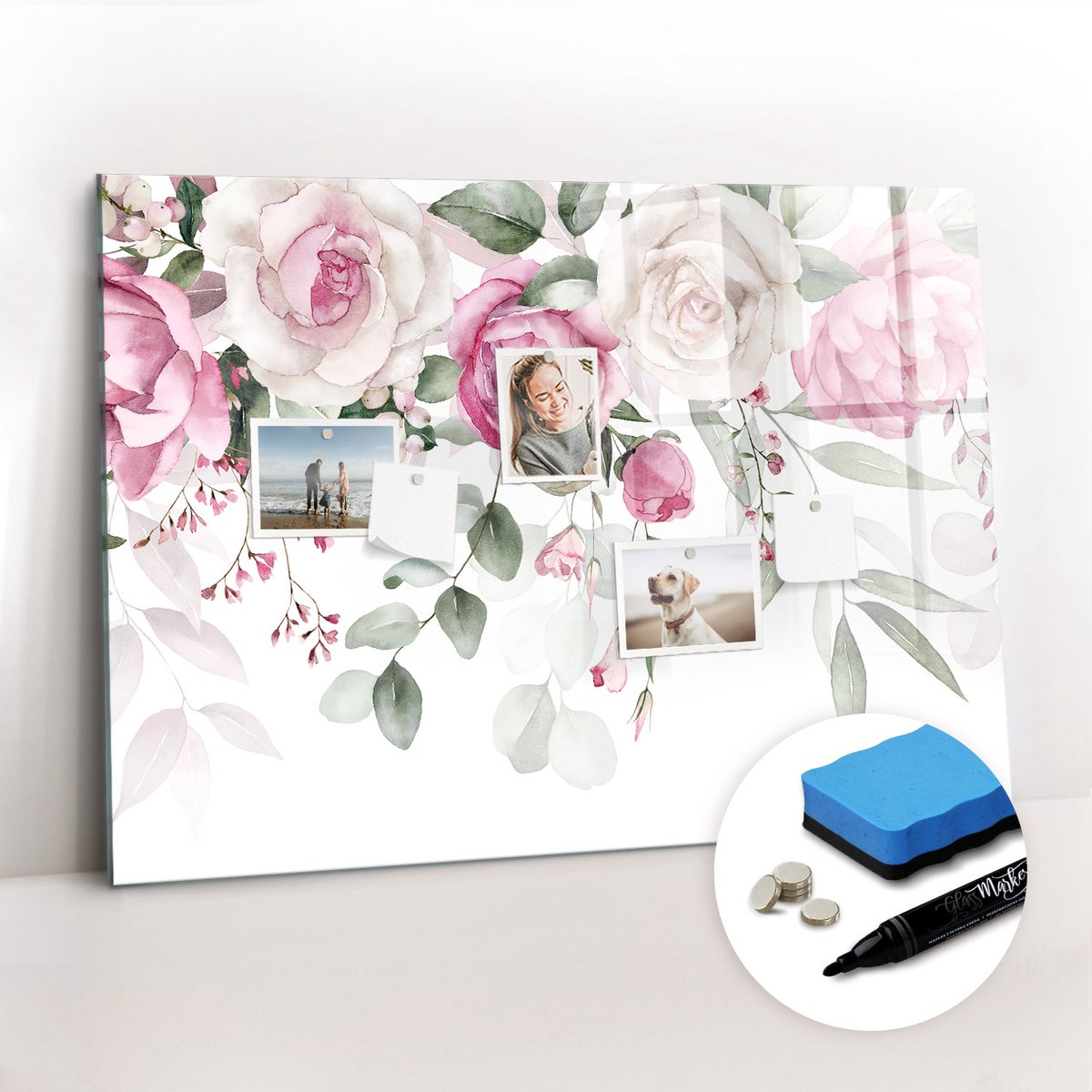 Tulup Whitebord - Aquarel rozen - 100 x 70 cm - Roze Magnetisch Bord - Gratis 5 Sterke Magneten + Whiteboard Marker & Wisser - Minimalistisch Prikbord - Magneetbord Muur - Organiseer Je Bureau