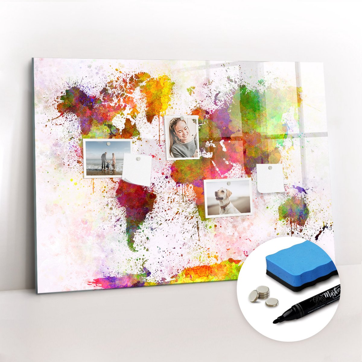Tulup Whitebord - Artistieke aquarelkaart van de wereld - 100 x 70 cm - Veelkleurig Magnetisch Bord - Gratis 5 Sterke Magneten + Whiteboard Marker & Wisser - Scandinavisch Design Bord - Magneetbord Muur - Planning Muur