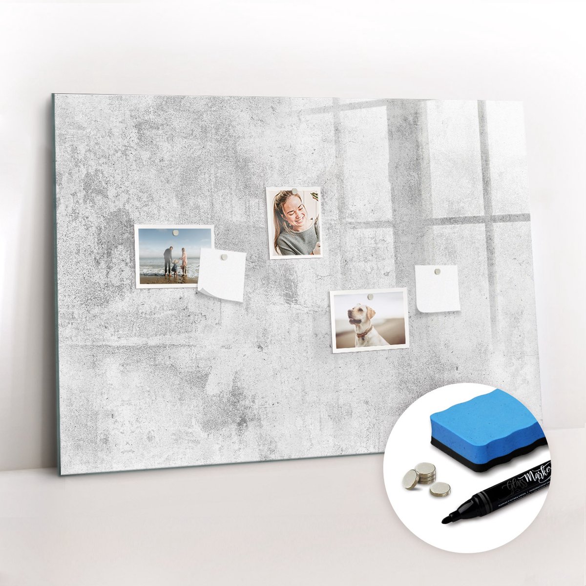 Tulup Whitebord - Betonnen muur - 100 x 70 cm - Grijs Memobord Glas - Gratis 5 Sterke Magneten + Whiteboard Marker & Wisser - Design Memobord - Magneetbord Muur - Ideeënbord Thuiswerkplek