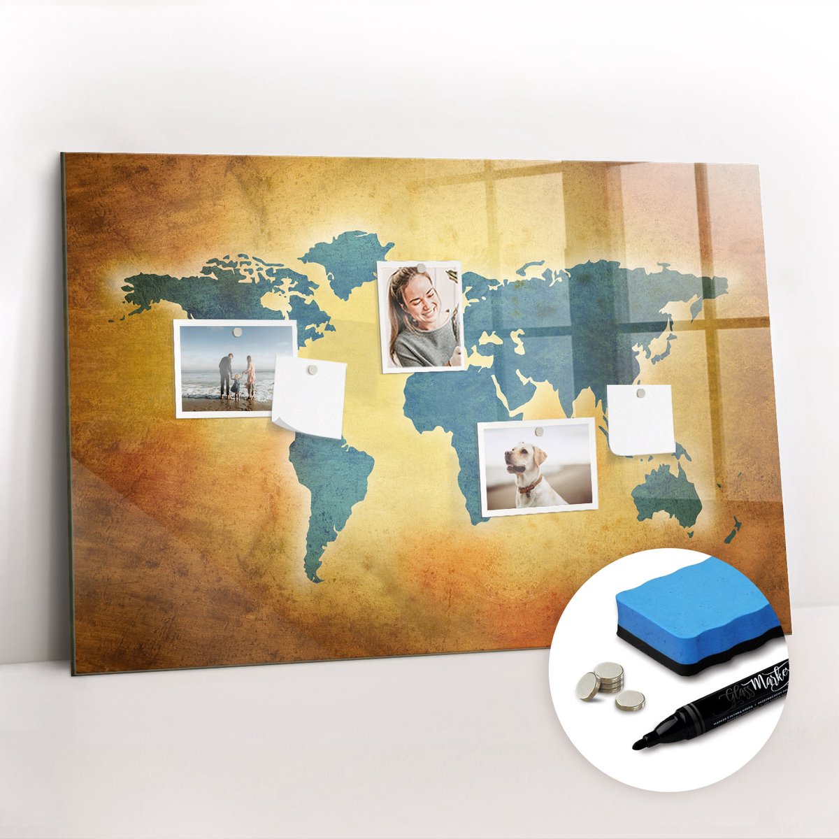 Tulup Whitebord - Historische wereldkaart - 90 x 60 cm - Veelkleurig Foto Magneetbord - Gratis 5 Sterke Magneten + Whiteboard Marker & Wisser - Minimalistisch Prikbord - Magneetbord Design - Notitiebord Werkplek