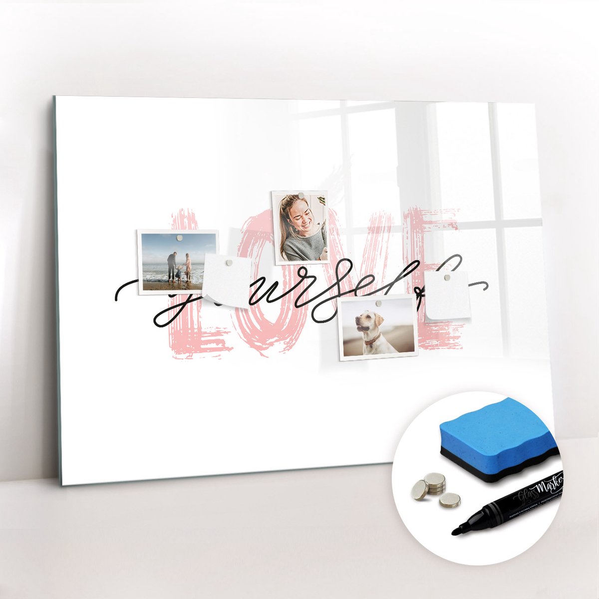 Tulup Whitebord - Inscriptie: hou van jezelf hart - 100 x 70 cm - Wit Magneetbord Design - Gratis 5 Sterke Magneten + Whiteboard Marker & Wisser - Organizer Muur - Magneetbord Muur - Notitiebord Werkplek