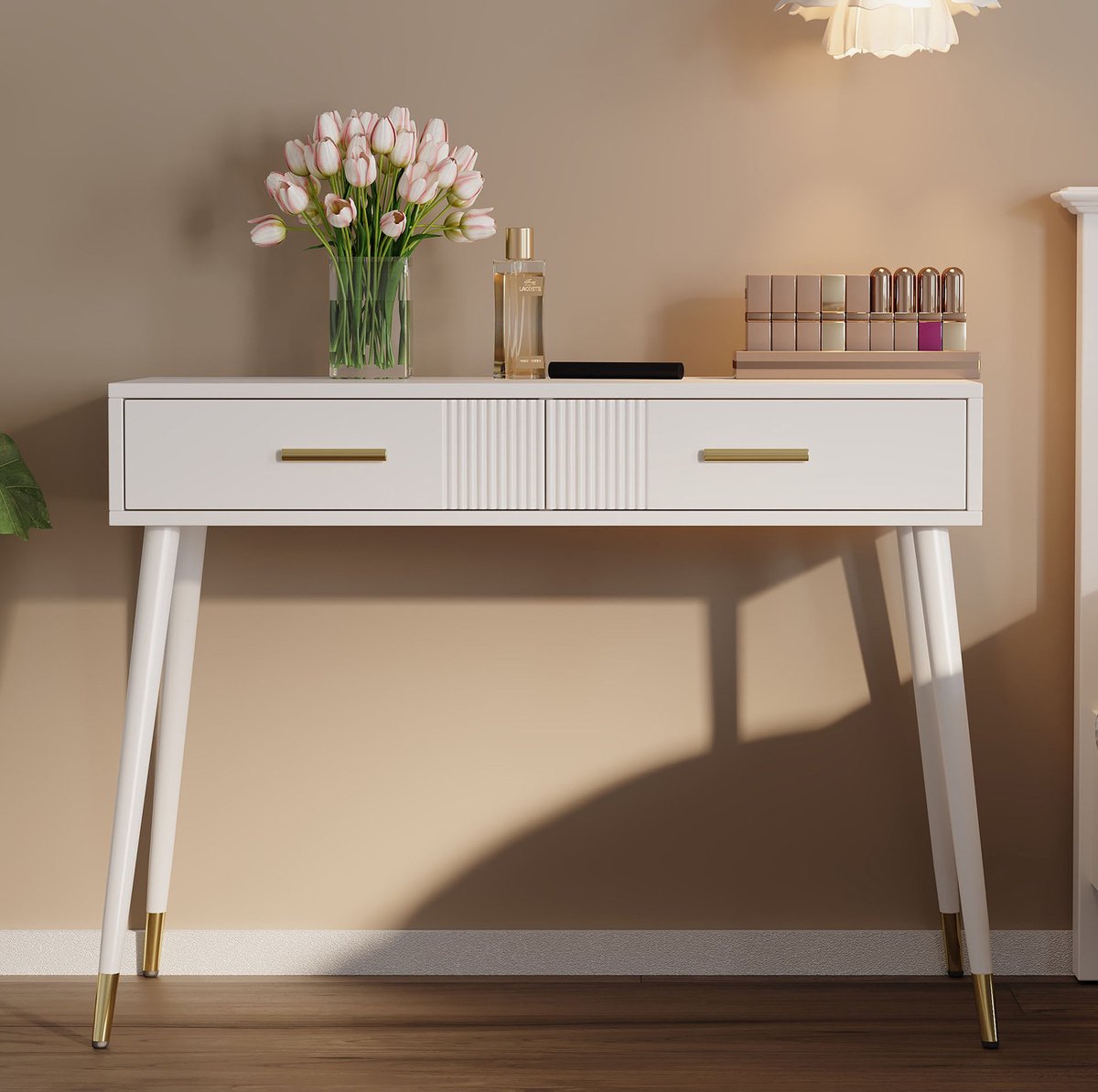 HAUSS SPOLE Bureau - Kaptafel Met 2 Laden - Voor Slaapkamer En Thuiswerkplek - Spaanplaat En Metaal - 100x40x76 Cm - Wit