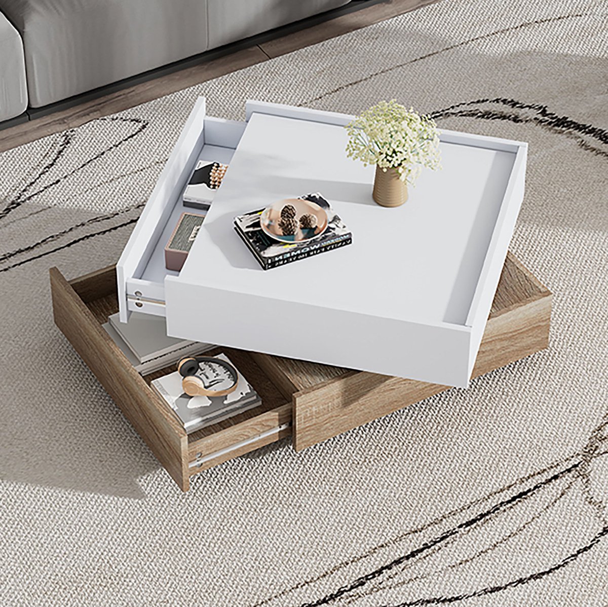 HAUSS SPOLE Salontafel - 360 Graden Draaibaar Met 2 Lades En Opbergruimte - Voor Woonkamer En Lounge - Spaanplaat - 60x60x38 Cm - Wit Walnoot