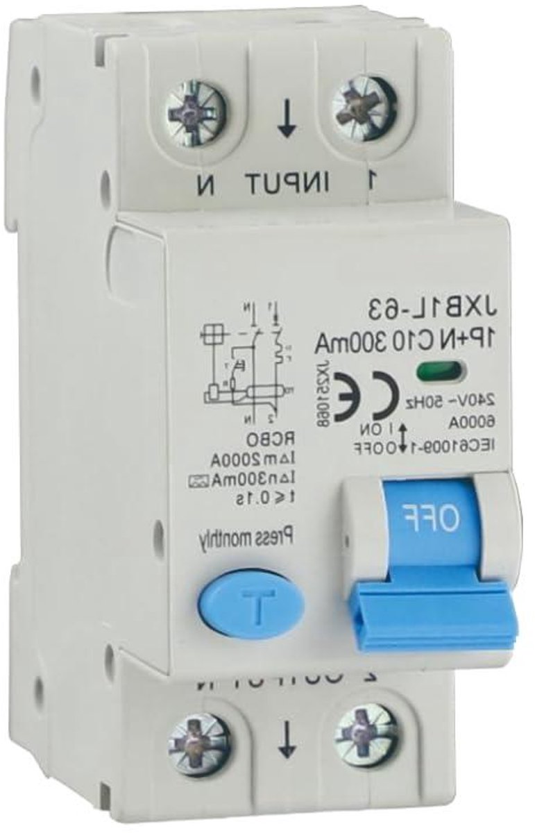 Stroomonderbreker 1P+N - Aardlekschakelaar Differentieel - Elektrische Installatie Beveiligen - Klasse A Bescherming - 2 DIN Modules - Grijs