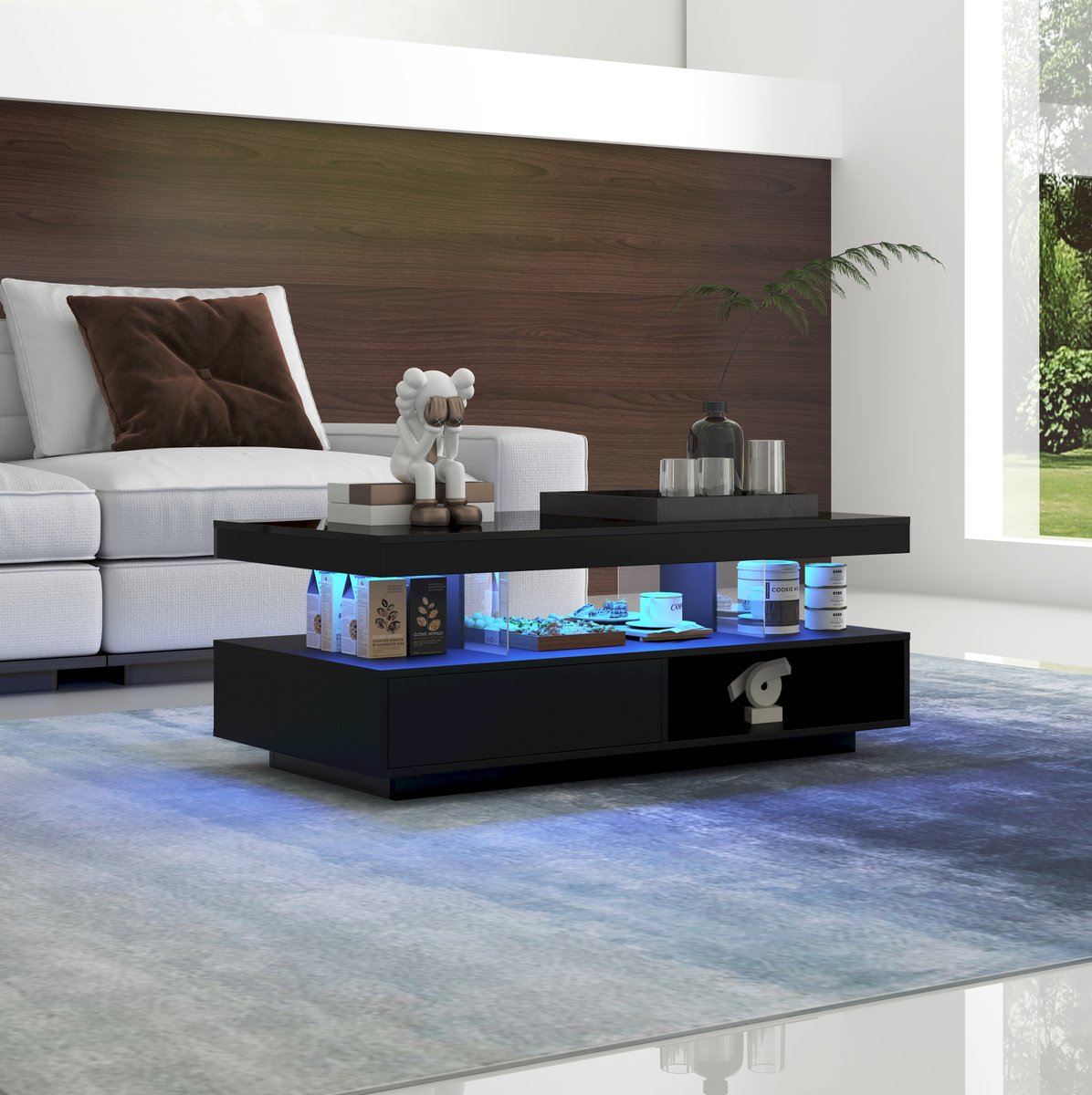 HAUSS SPOLE Salontafel - Hoogglans Met Ledverlichting En 2 Lades - Voor Woonkamer Met 2 Open Vakken - Spaanplaat - 95x50x42,5 Cm - Zwart