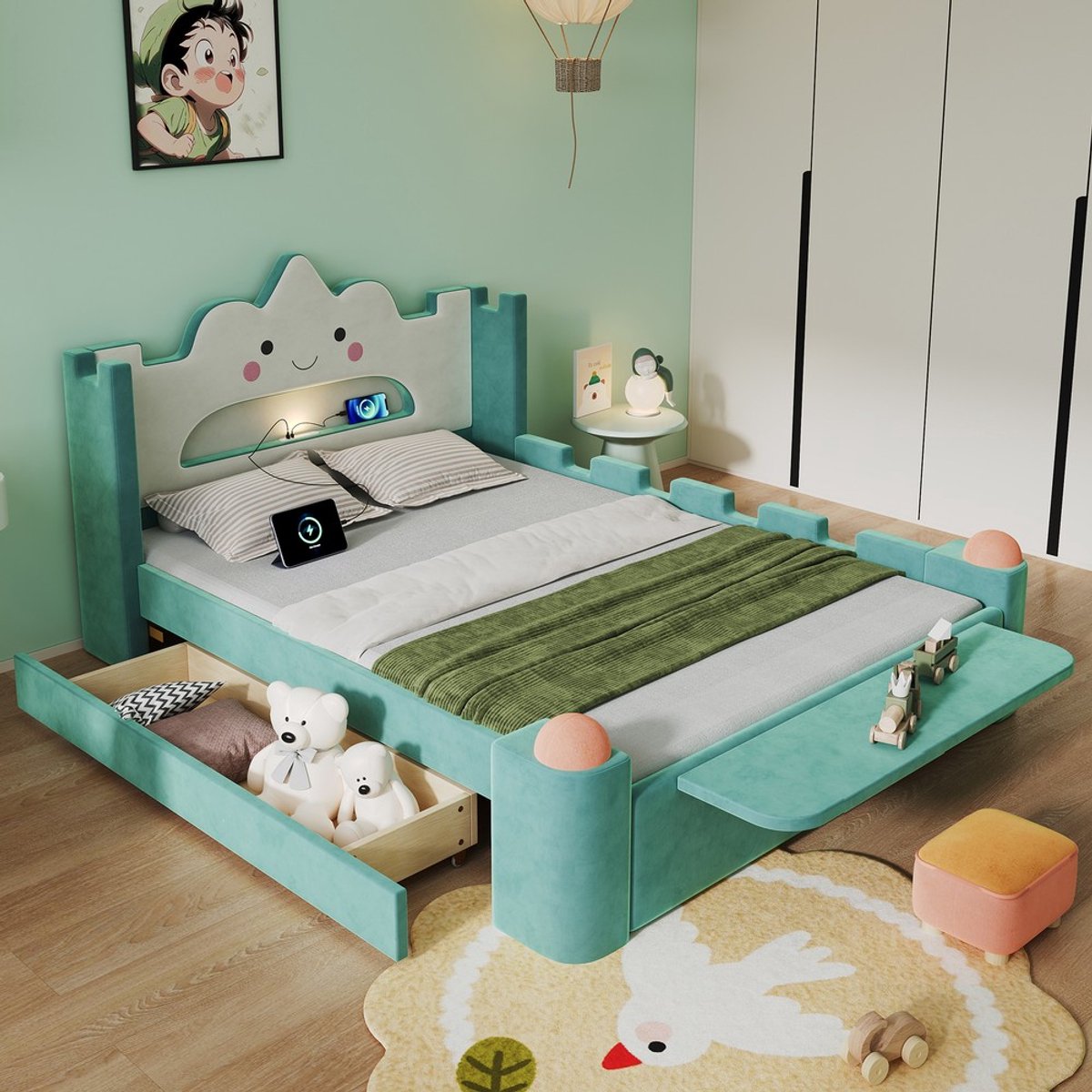 KOMHTOM Kinderbed - Gestoffeerd Eenpersoonsbed met LED-Verlichting - USB-Aansluiting - Opberglade - Valbeveiliging - Fluwelen Bekleding Blauwgroen - 140x200 cm