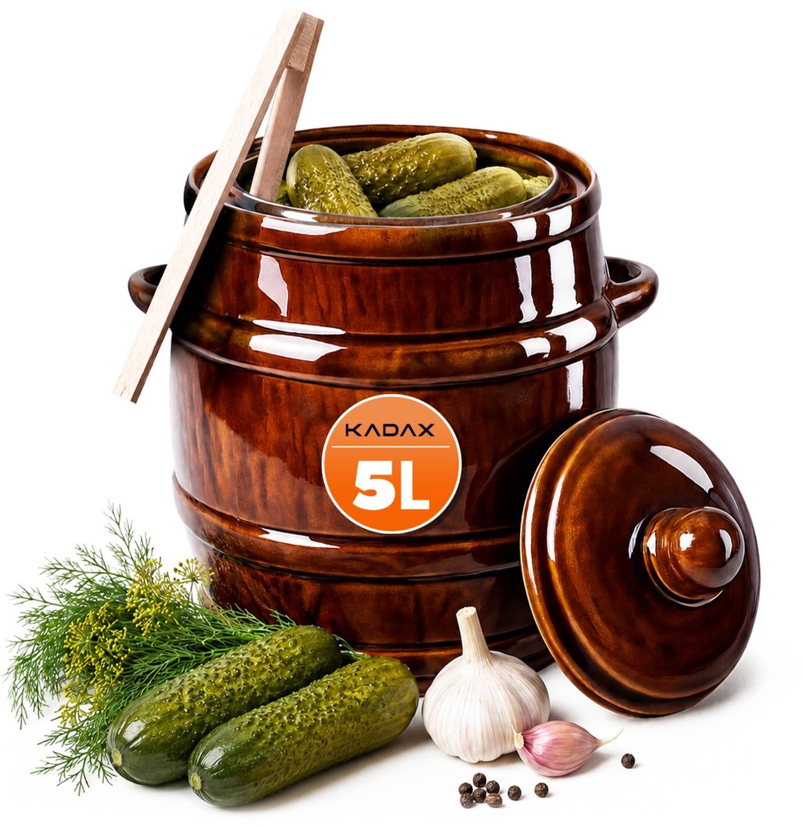 KADAX Steengoed pan, dichte keramische pot met deksel, vaatwasmachinebestendige steengoedpan, handgemaakte fermentatiepot van keramiek, inlegpan voor komkommers en zuurkool (5 l)