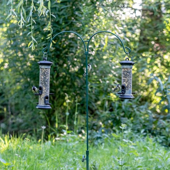 Groene vogelvoederpaal met twee vogels op de twee vetbolhouders in een tuin.
