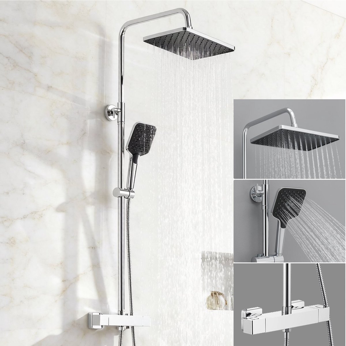 Auralum MAX Regendouche met Thermostaatkraan - Doucheset - Regendoucheset - Verstelbare Hoogte 90-125 cm - 12 inch Douchekop - Waterbesparend - Chroom