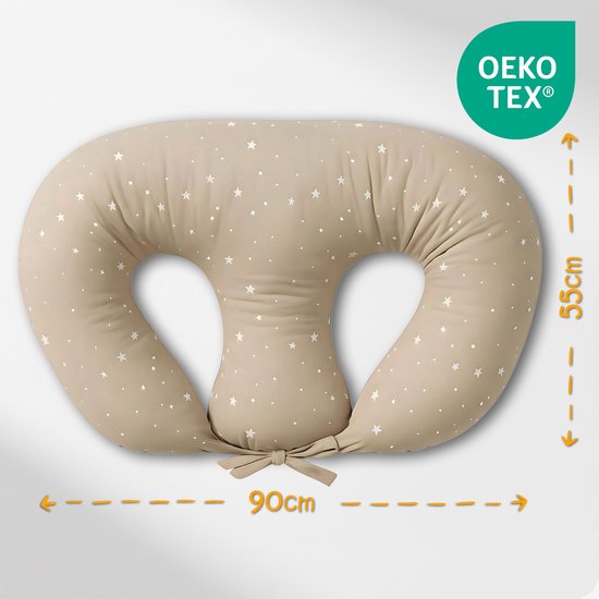 Borstvoedingskussen Tweeling Voedingskussen Baby - 90x50 cm - Ergonomisch Positioneringskussen Materniteit Multifunctioneel Ondersteuning Zacht Afneembare Hoes Oeko-Tex Beige met witte sterren — afbeelding 2