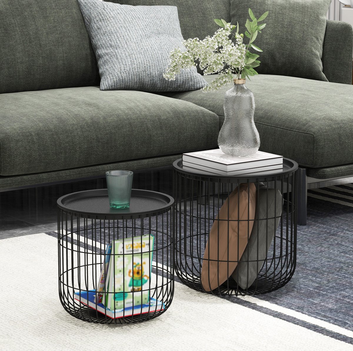 MEUNIQ 2-delige ronde salontafel set met opbergruimte, nestbare bijzettafels van staal, zwart, Ø40 x 40 cm en Ø35 x 35 cm, voor woonkamer in Scandinavische stijl