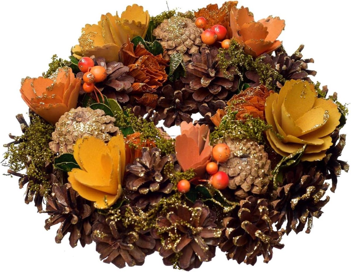 Herfstkrans - Natuurlijke Decoratie - Huis Aankleden - Kleurrijk Bloemendesign - 25 cm Diameter - Naturel Bruin Oranje Geel Groen