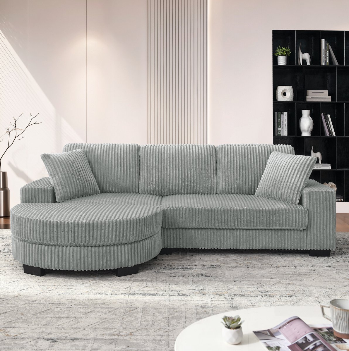 FloraGrace Hoekbank 256,5 x 133,5 x 89 cm - Modulair 4-Zits Ontwerp Met Verwisselbare Ovale Hocker - Woonkamer - Corduroy - Grijs