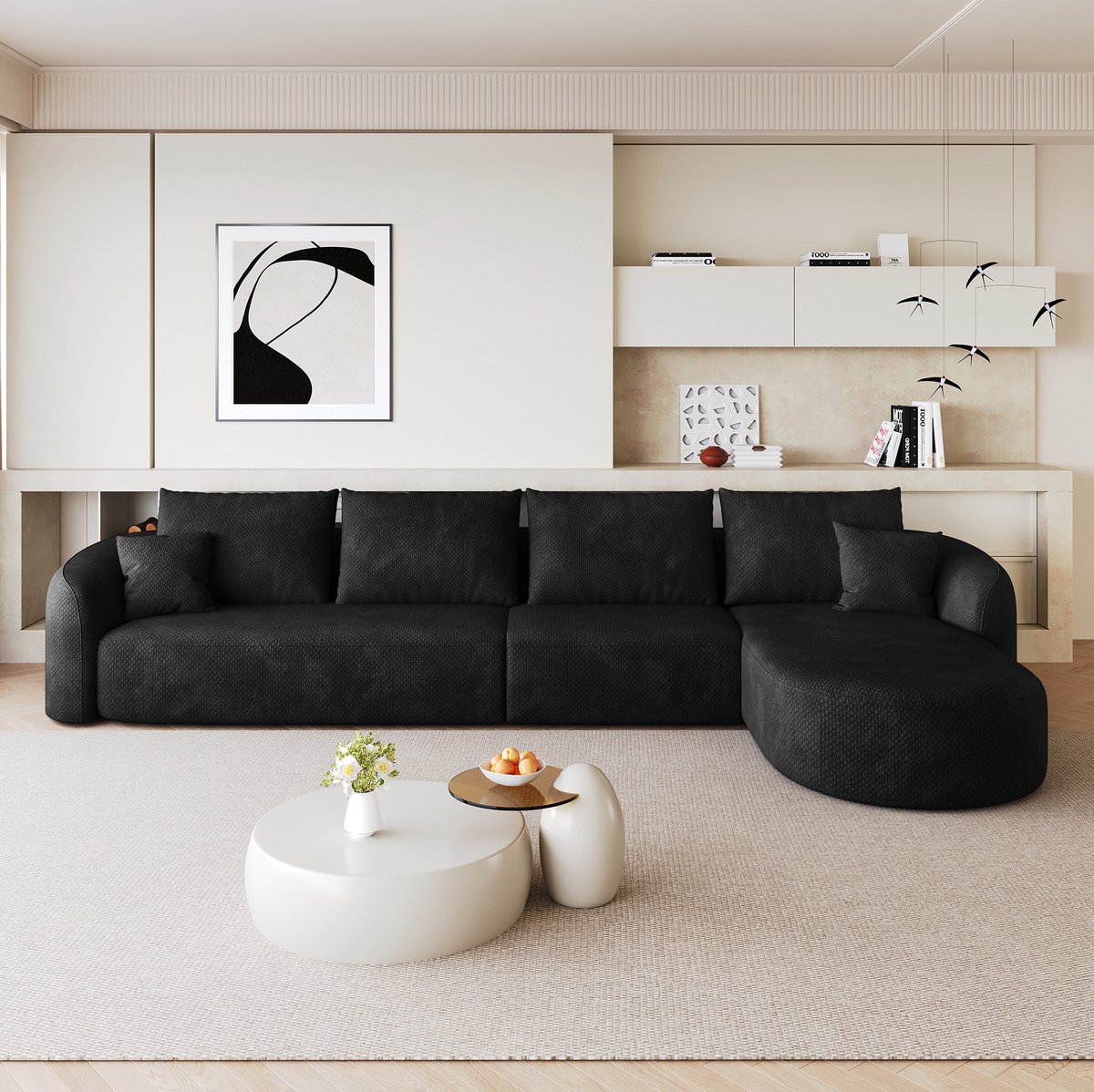FloraGrace Hoekbank – 336 cm 5-Zits L-Vormige Bank – Modulair Ontwerp Zonder Montage – Voor Woonkamer Of Slaapkamer – Stof – Zwart