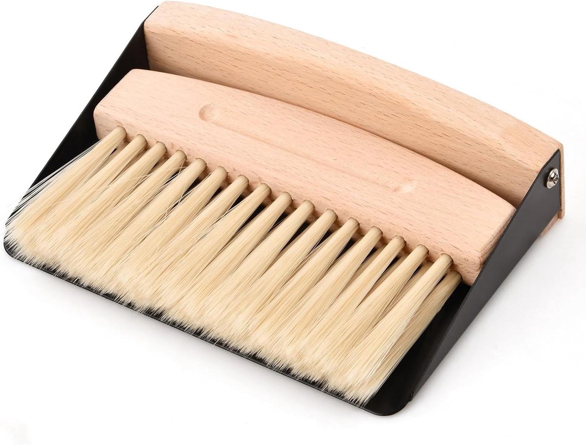 Kleine veegset - Mini stoffer blik - Bureau reinigen - Hout materiaal - 16 x 13 x 4 cm