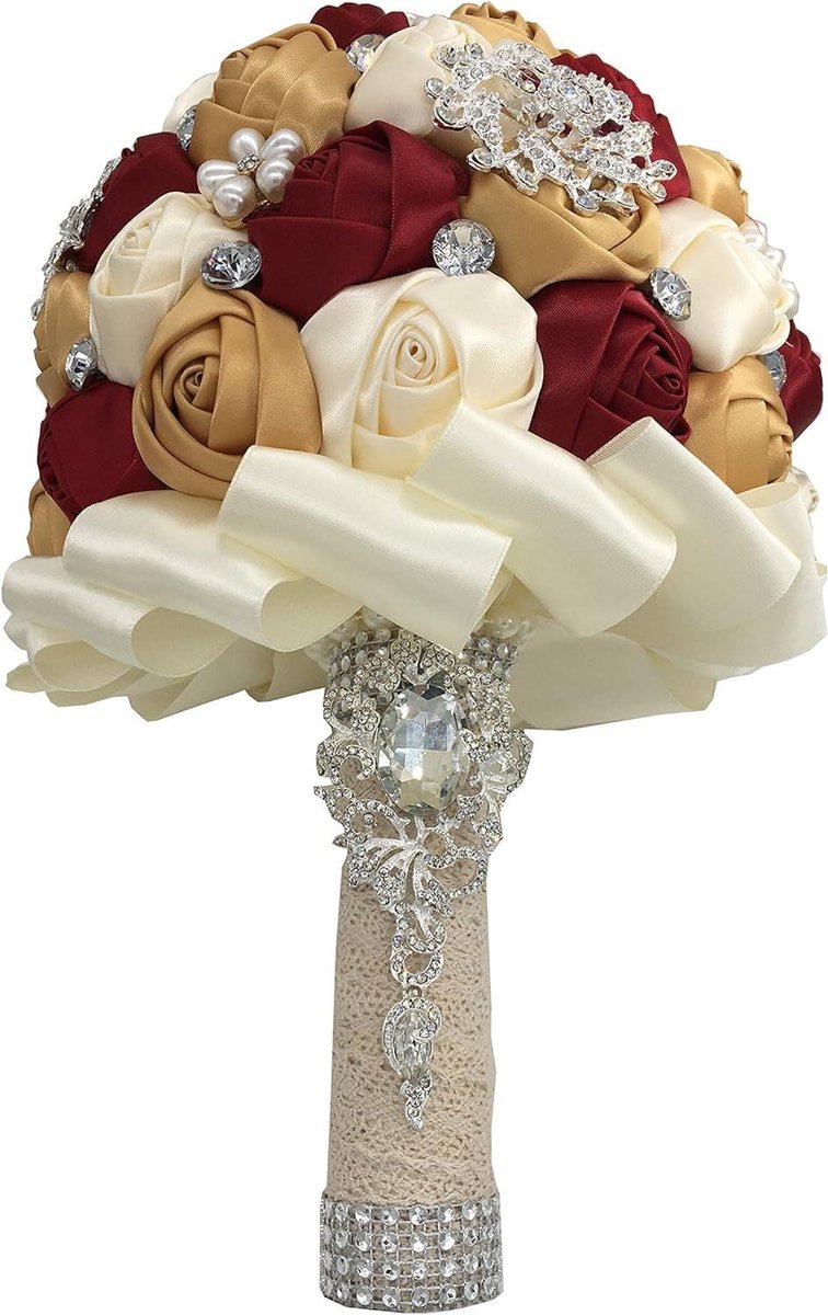 Bruidsboeket - Bruidsbloemen - Bruiloft decoratie - Handgemaakt ontwerp - 20 cm diameter - Wijnrood goud
