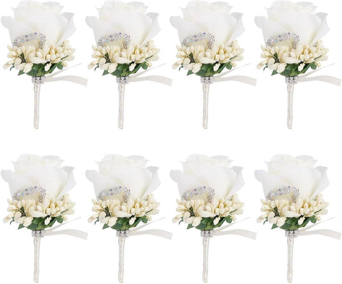 Bloemen Speldjes - Corsages Set - Bruiloft Aankleding - Set van 8 stuks - 110mm lang - Wit