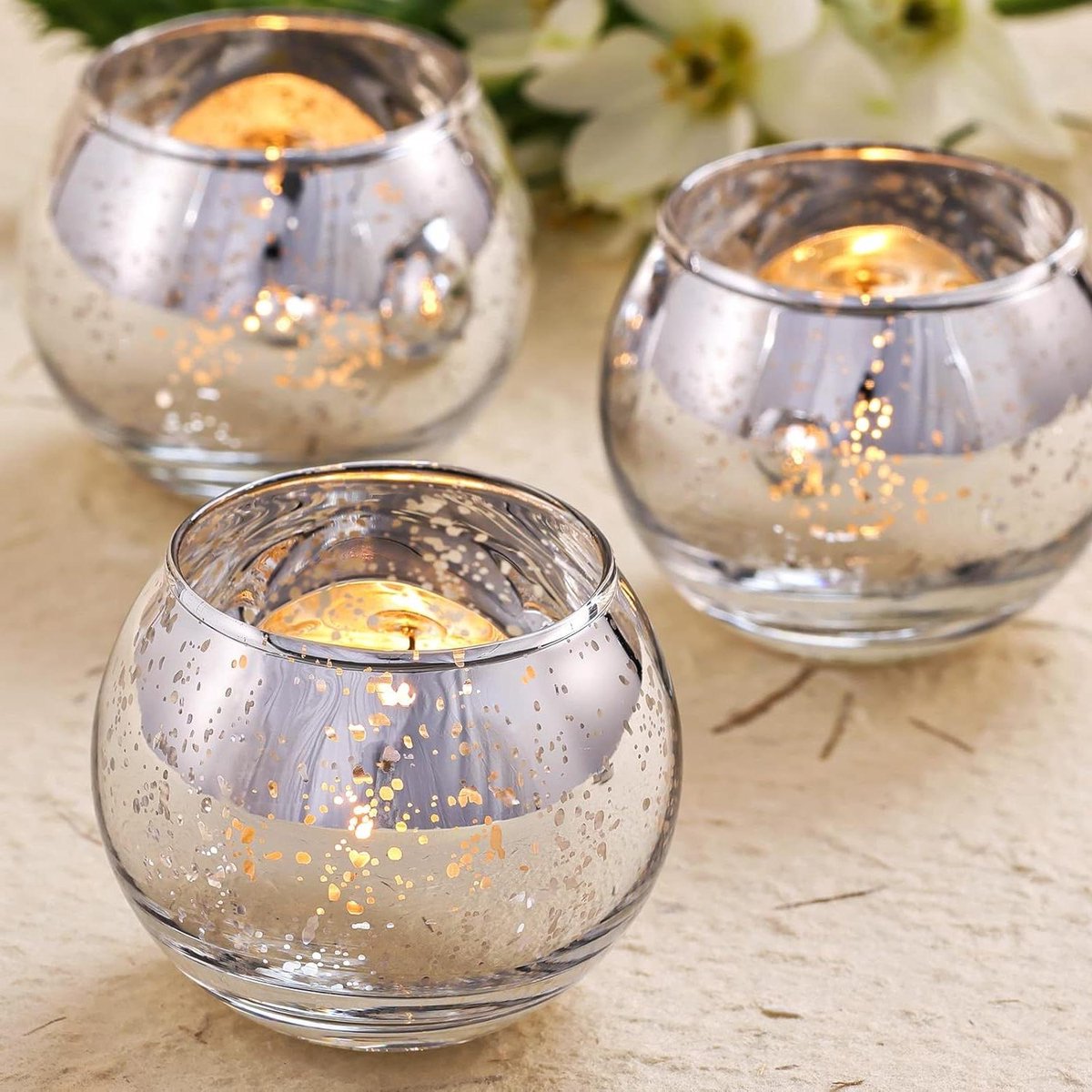 Zilveren Kaarsenhouders - Kwikglazen Kandelaars - Sfeervolle Decoratie - Gevlekt Glas Design - 24 Stuks - Zilver