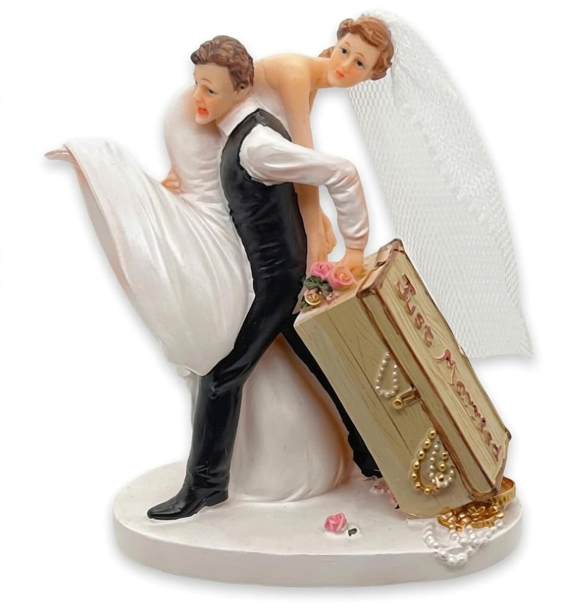 Taartdecoratie, bruidspaar voor taart, cake-topper, bruidstaart, decoratiefiguur, bruidspaar, bruiloft (met uitzetkist)